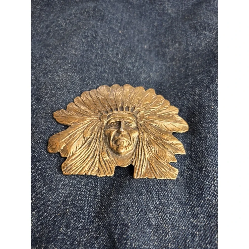 Vintage Gold Brass Native American Chief Large Belt Buckle